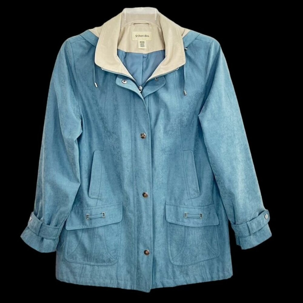 Womens Jacket Coat Size M Detachable Hood Blue Suede Cloth Lined St Johns Bay